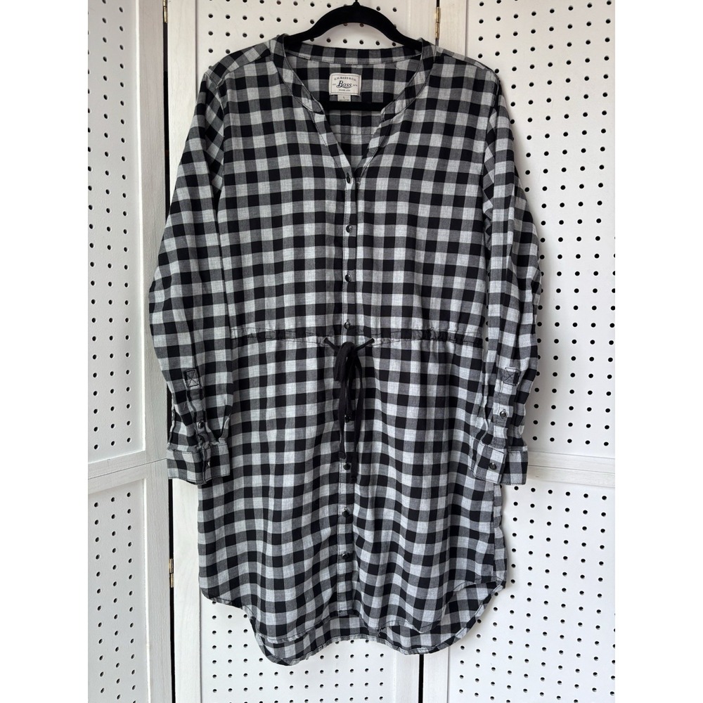 G.H. Bass Black Gray Checkered Flannel Shirt Dress Button Front Women's LG